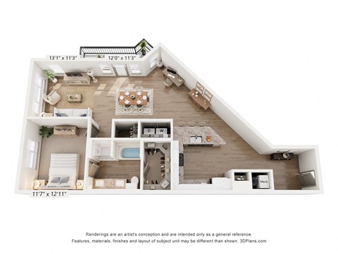 Floor plan for 1 bed, 1 bath, 1112 sqft